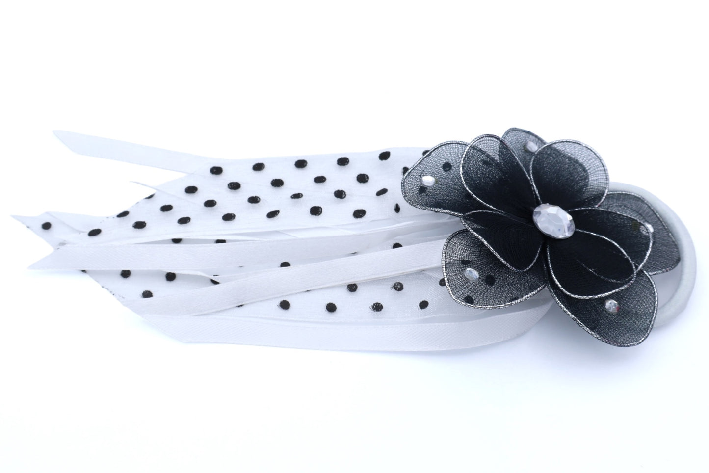 Billie - Sheer Material Flower With Acrylic Stones + Hanging Ribbons & Printed Lace Dots on Ponytailer/Hair Elastic, Asst Colors