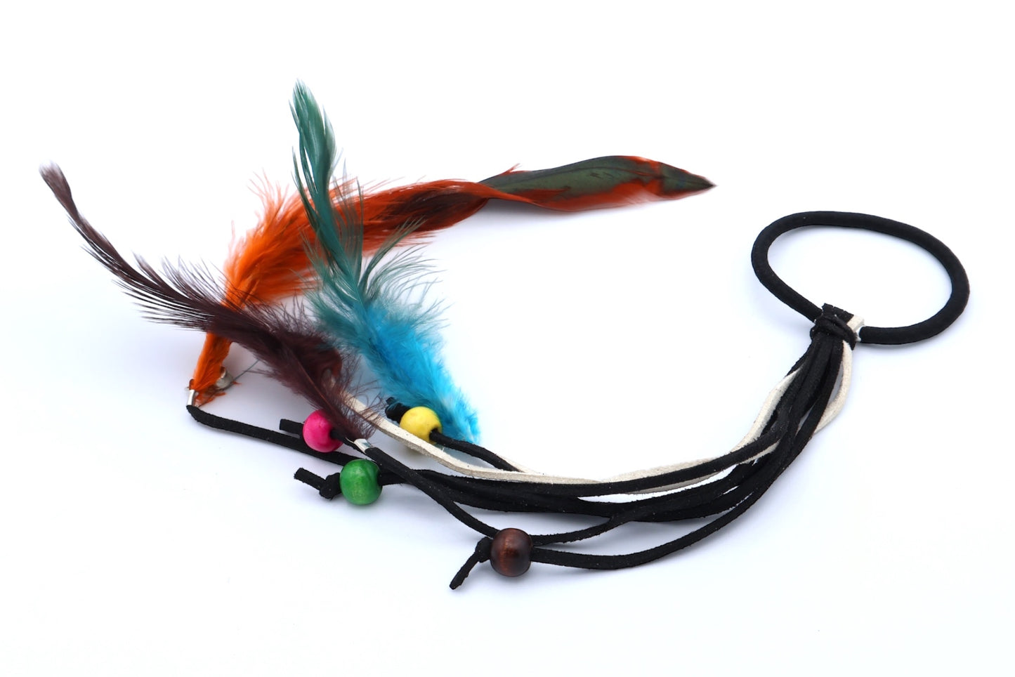 Boheme - 8 Imitation Suede Strands: 5 With Color Wood Bead + 3 With Feathers, Asst Color Ponytailer With Black Hair Elastic