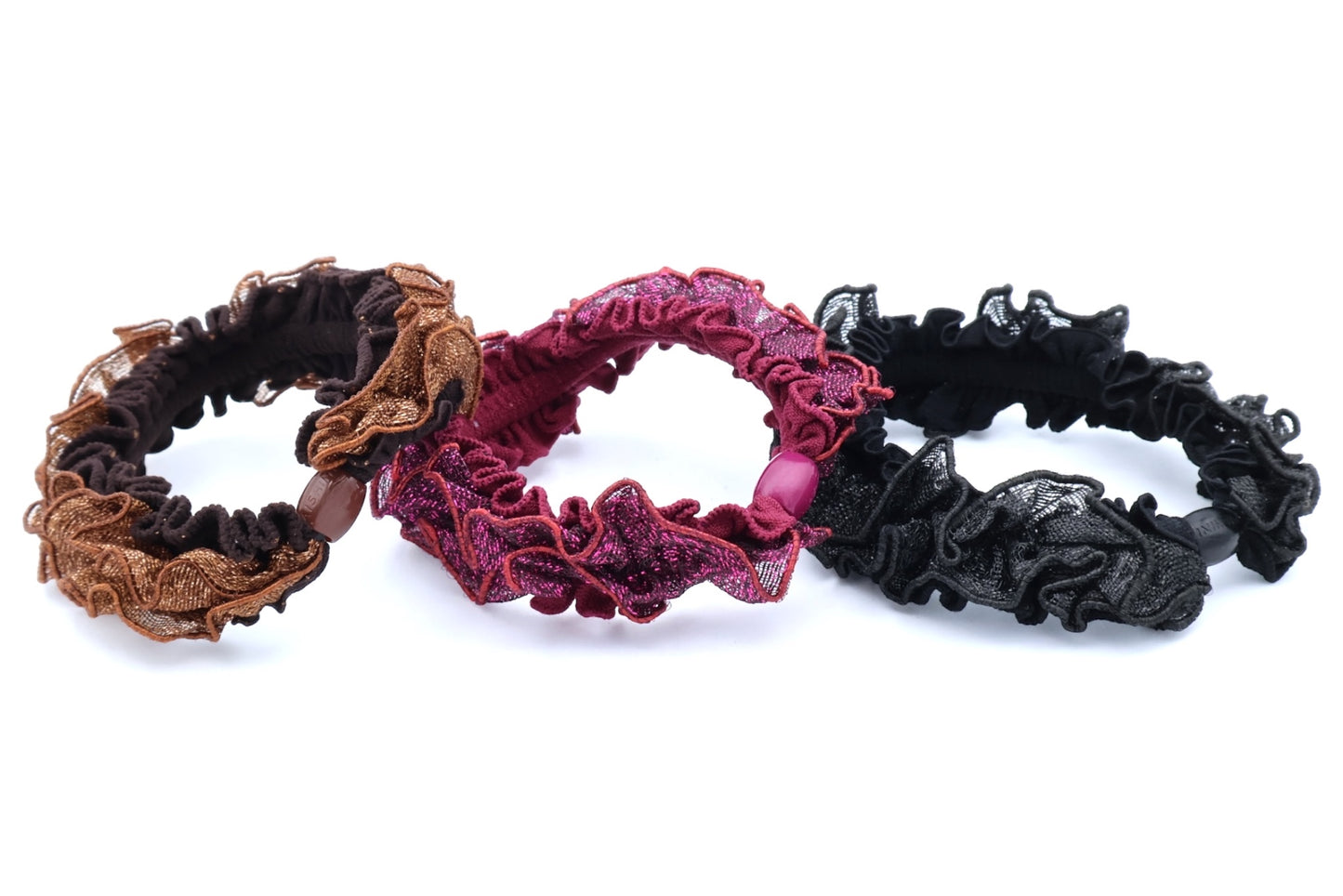 Debra - 3-Pak Hair Elastics With Gold Edged Ruffles, Asst Colors