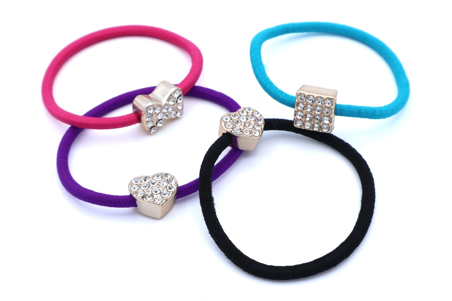 Lavinia - 4-Pak Rhinestone Encrusted Heart/Bow/Square Hair Elastics, Asst Colors