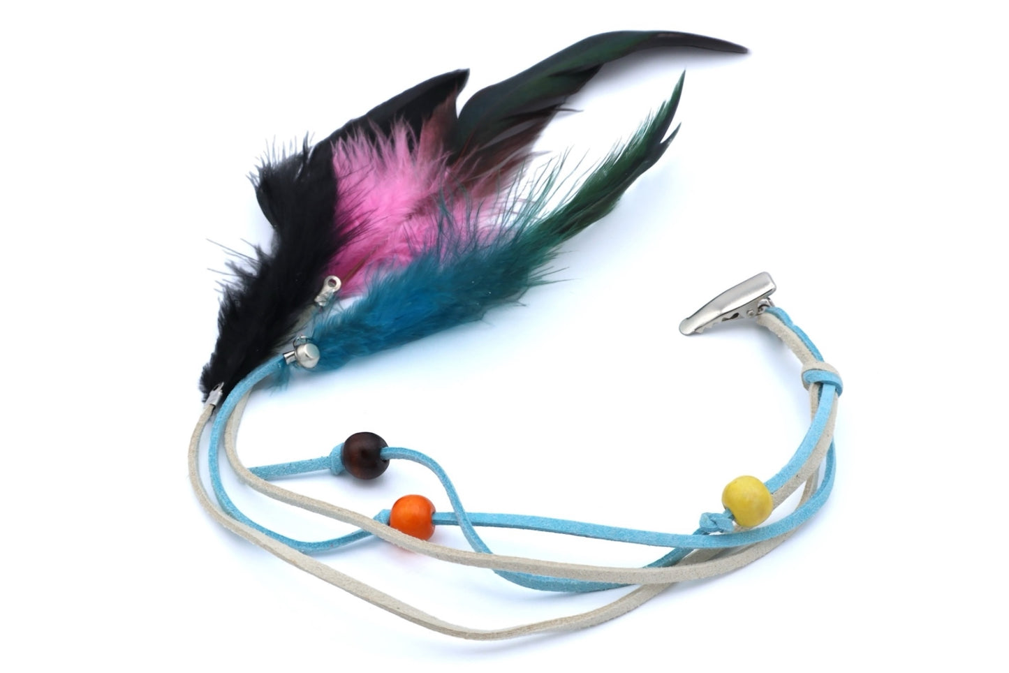 Bondi - Mini Duck Clip With 4- Imitation Suede Strands + Wood Beads & Feathers, Asst Colors