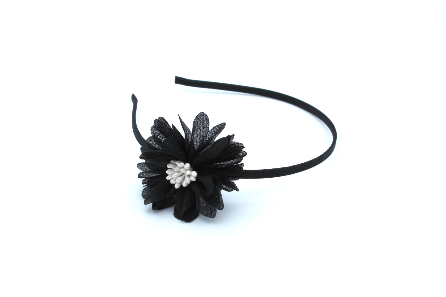 Valentina - Black Flower Hairband with White Pistils in middle