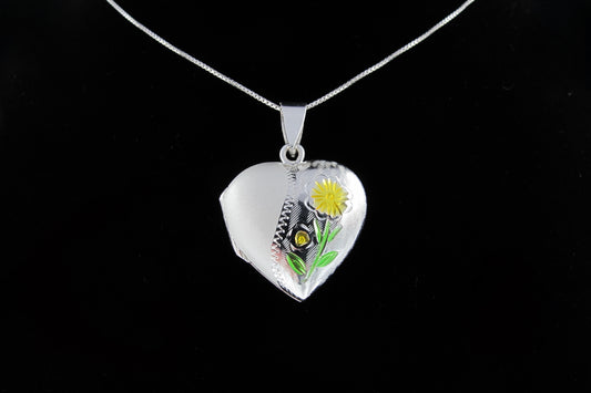 Sylvie - Médaillon en argent sterling émaillé avec fleur jaune/vert sur une chaîne en argent sterling