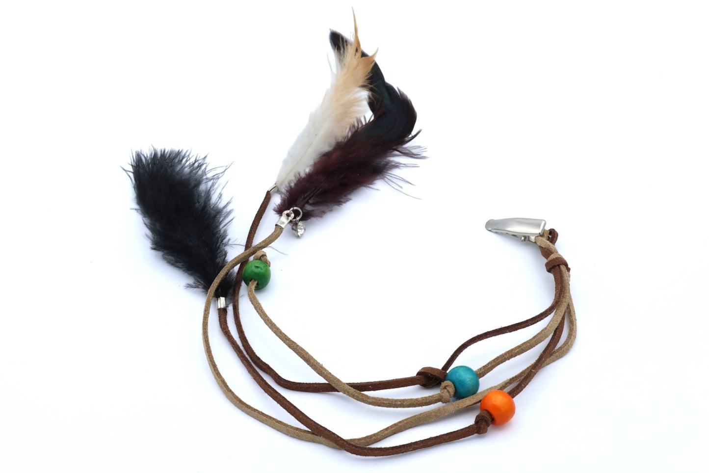 Bondi - Mini Duck Clip With 4- Imitation Suede Strands + Wood Beads & Feathers, Asst Colors