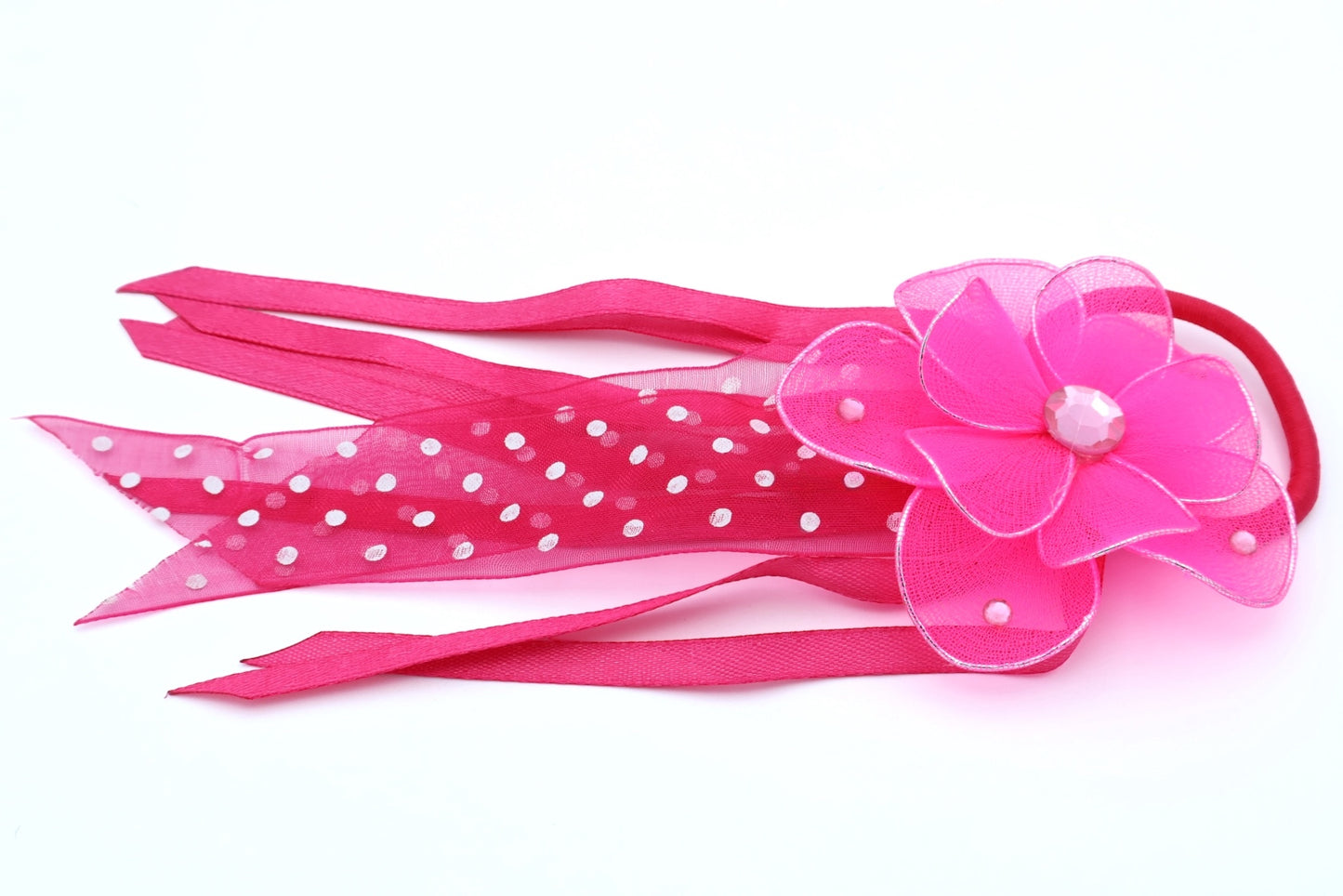 Billie - Sheer Material Flower With Acrylic Stones + Hanging Ribbons & Printed Lace Dots on Ponytailer/Hair Elastic, Asst Colors