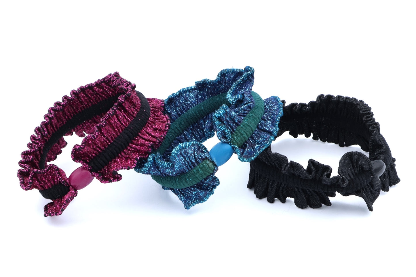 Heather - 3-Pak Frilly Hair Elastics With Matching Bead, Asst Colors