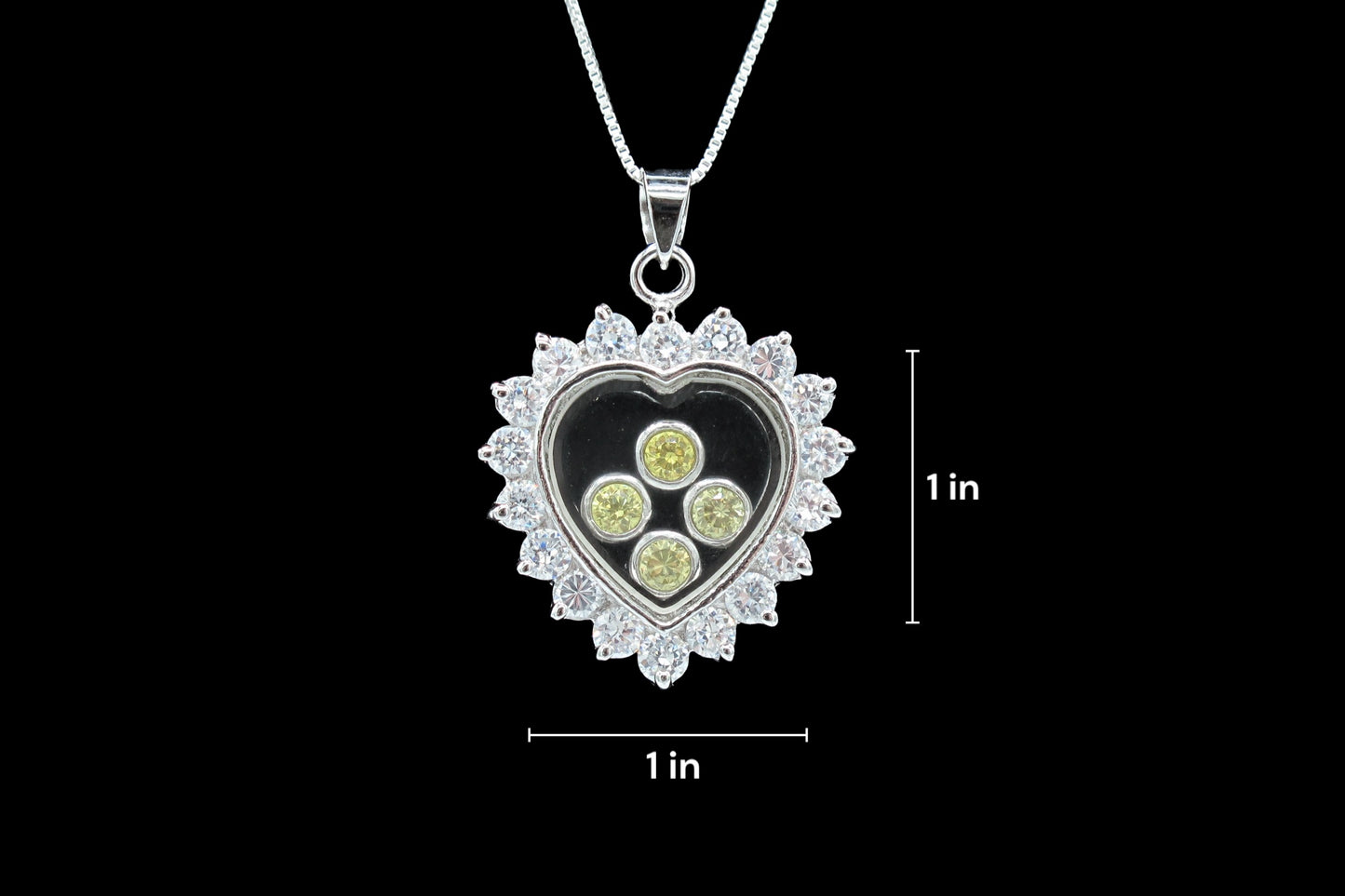 Sunshine - Pendentif en forme de cœur en argent sterling avec bordure en zircone cubique transparent et zircones cubiques flottantes jaunes sur une chaîne en argent sterling