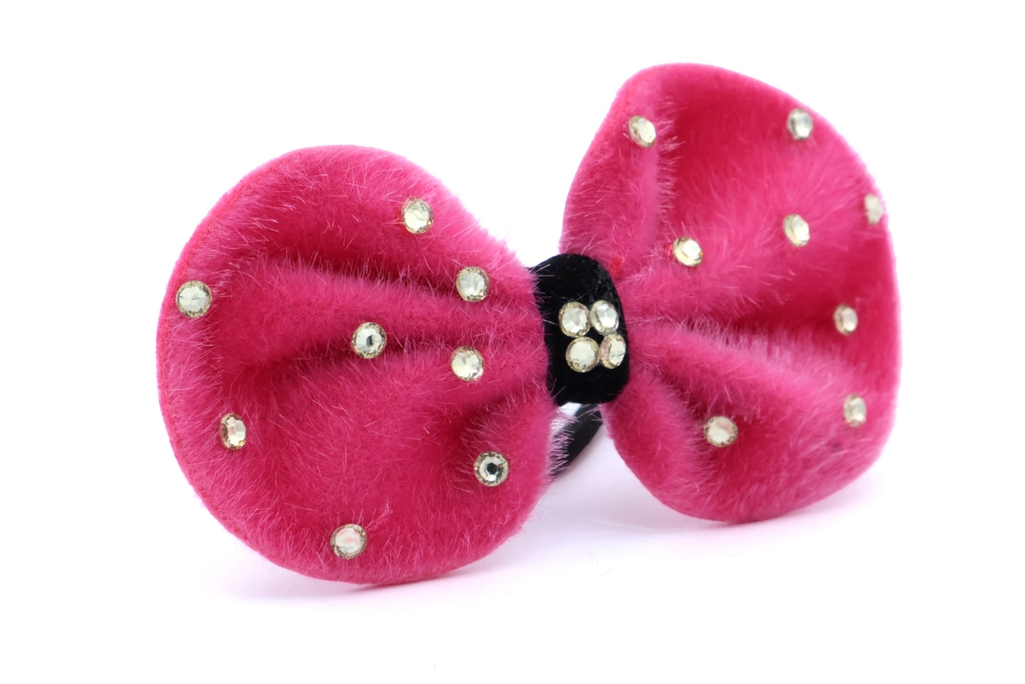 Astrid - Furry Bow-Tie Shape With Black Hair Elastic & Acrylic Stones, Asst Bow-Tie Colors