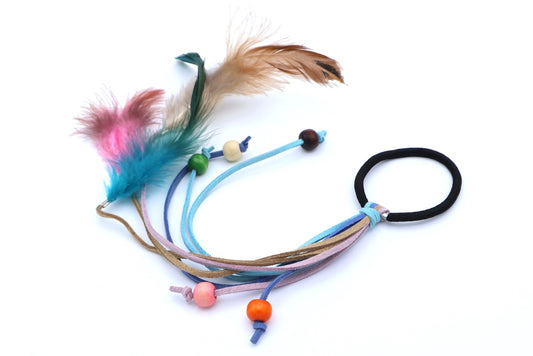 Boheme - 8 Imitation Suede Strands: 5 With Color Wood Bead + 3 With Feathers, Asst Color Ponytailer With Black Hair Elastic