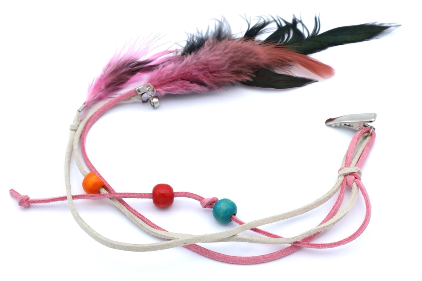 Bondi - Mini Duck Clip With 4- Imitation Suede Strands + Wood Beads & Feathers, Asst Colors