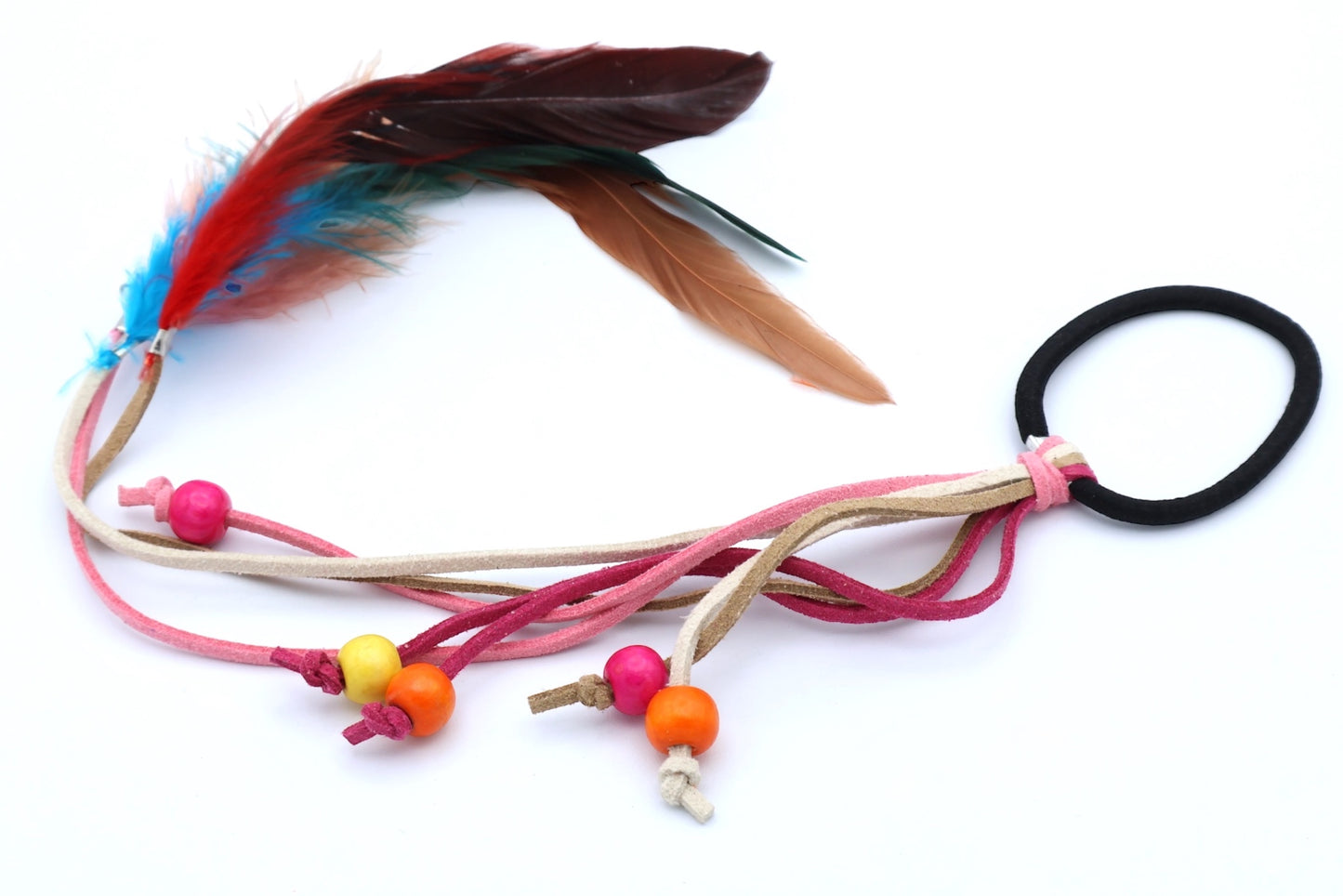 Boheme - 8 Imitation Suede Strands: 5 With Color Wood Bead + 3 With Feathers, Asst Color Ponytailer With Black Hair Elastic