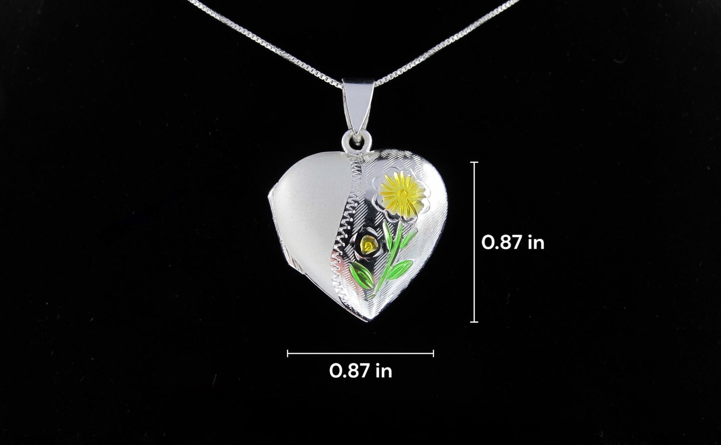 Sylvie - Médaillon en argent sterling émaillé avec fleur jaune/vert sur une chaîne en argent sterling