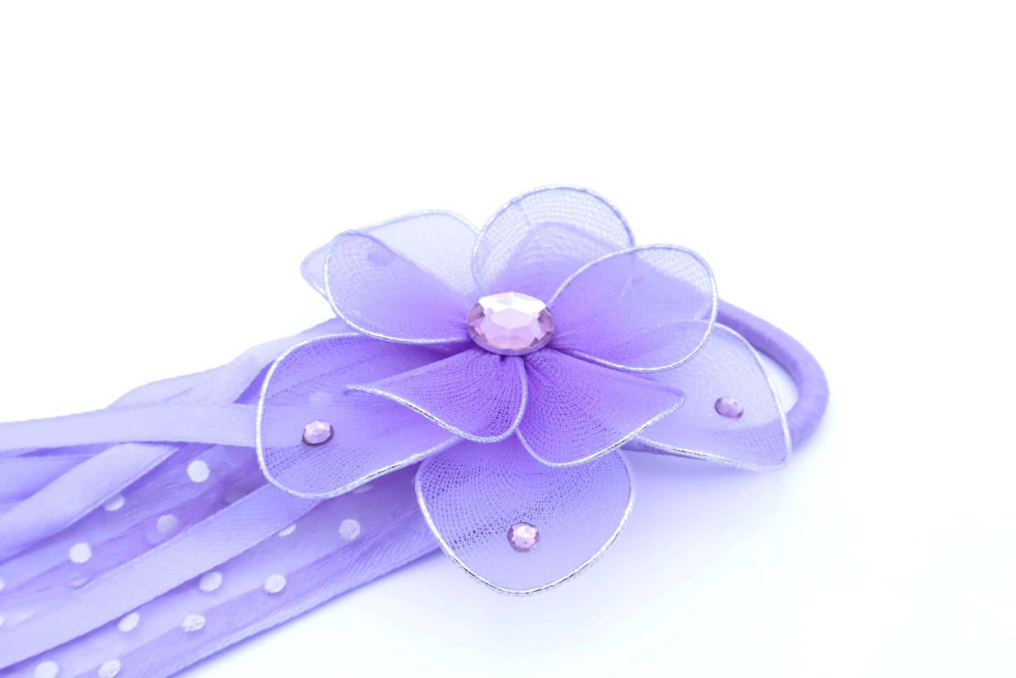 Billie - Sheer Material Flower With Acrylic Stones + Hanging Ribbons & Printed Lace Dots on Ponytailer/Hair Elastic, Asst Colors