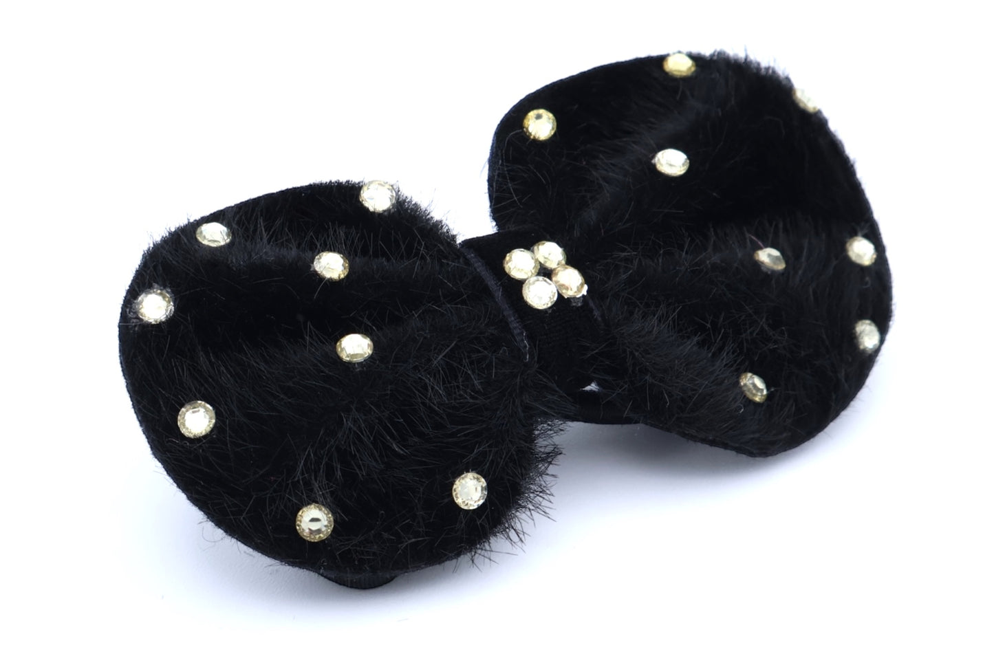 Astrid - Furry Bow-Tie Shape With Black Hair Elastic & Acrylic Stones, Asst Bow-Tie Colors