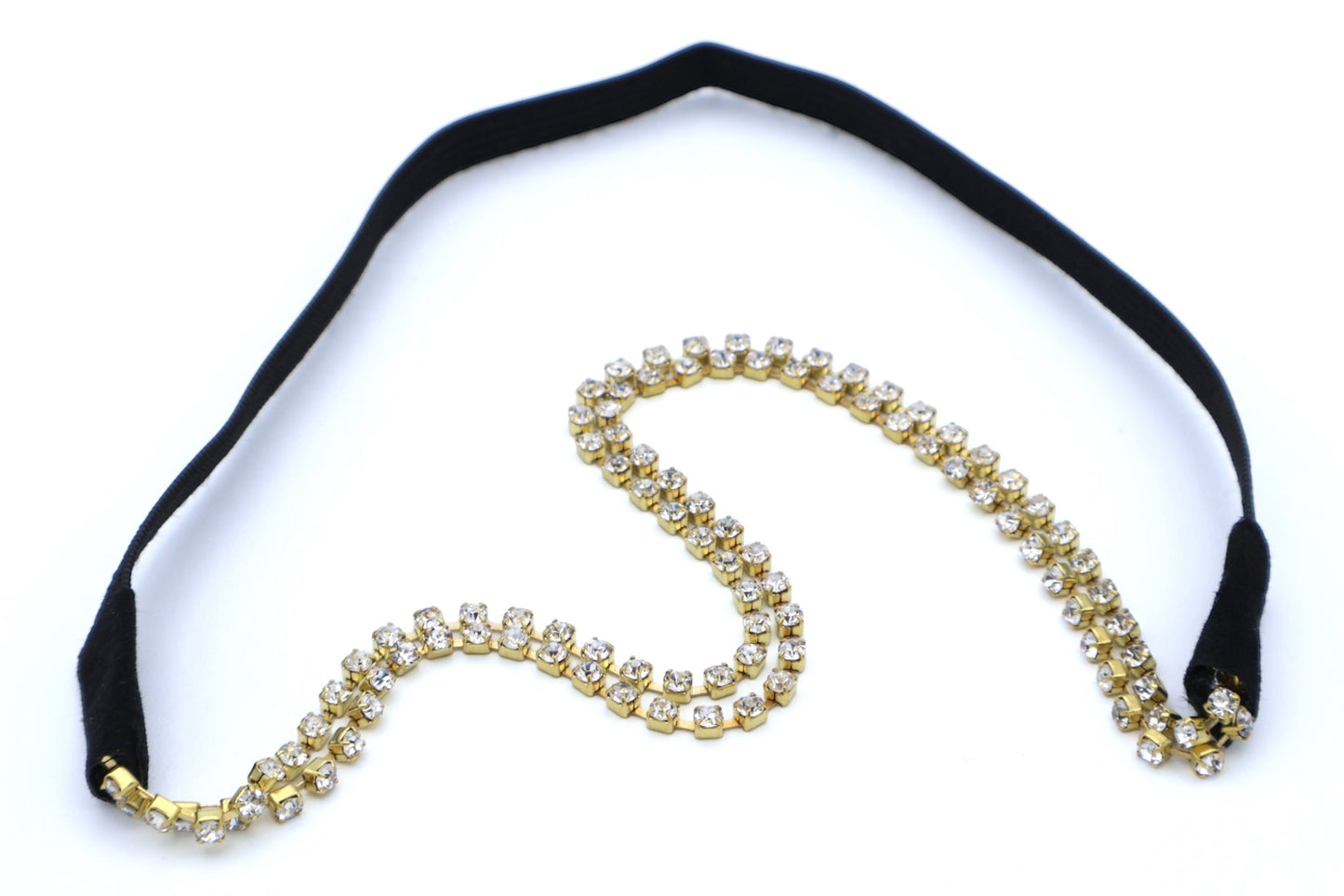 Zuri - 2-Row Rhinestone Chain Hairband With Black Stretch Elasticized Band, Available In Gold Or Silver