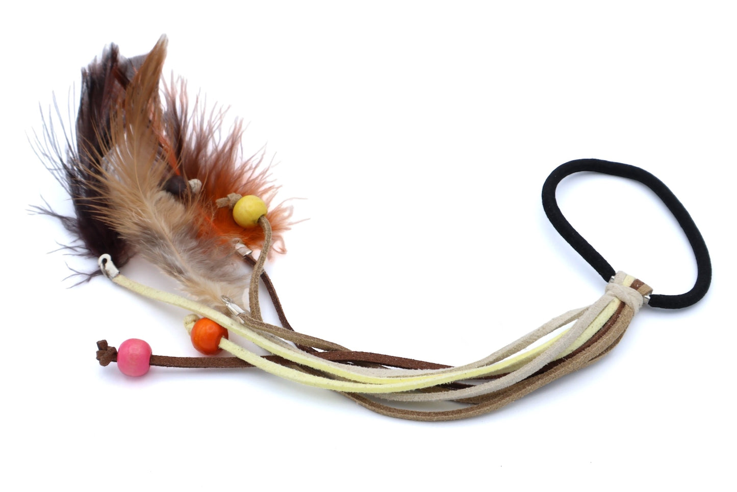 Boheme - 8 Imitation Suede Strands: 5 With Color Wood Bead + 3 With Feathers, Asst Color Ponytailer With Black Hair Elastic