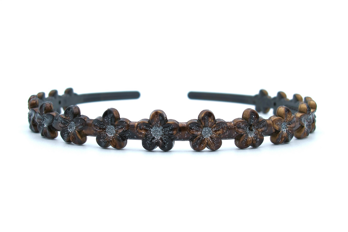 Talia - Flower motif hairband with silver glitter middle - available in black and in tortoise/bronze