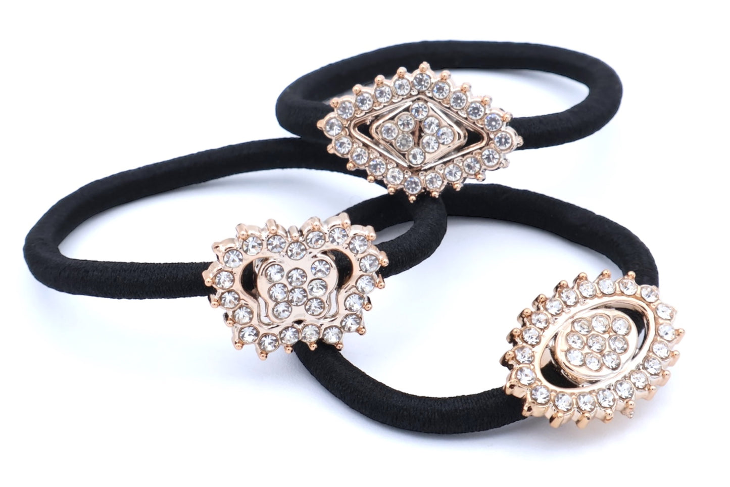 Lori -  3-Pak Hair Elastics With Gold Plated Rhinestone Studded Motifs..Asst Designs On Black Hair Elastic