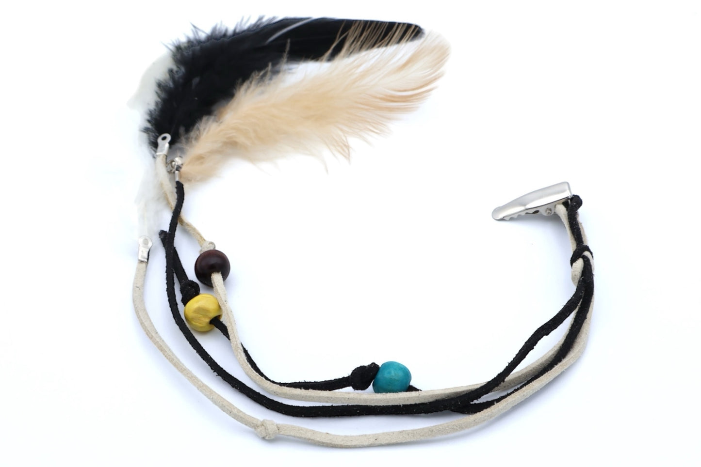 Bondi - Mini Duck Clip With 4- Imitation Suede Strands + Wood Beads & Feathers, Asst Colors