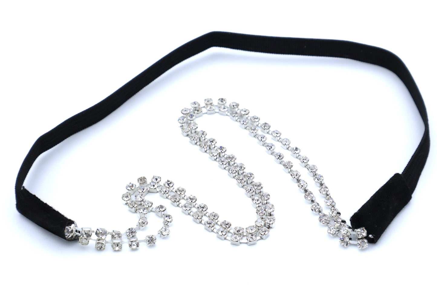 Zuri - 2-Row Rhinestone Chain Hairband With Black Stretch Elasticized Band, Available In Gold Or Silver