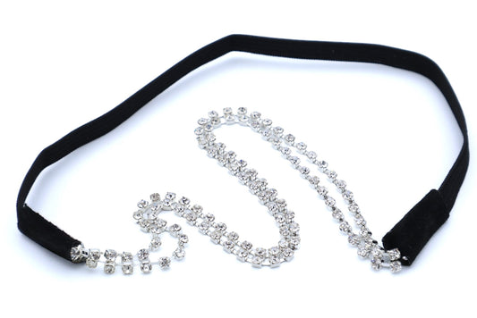 Zuri - 2-Row Rhinestone Chain Hairband With Black Stretch Elasticized Band, Available In Gold Or Silver