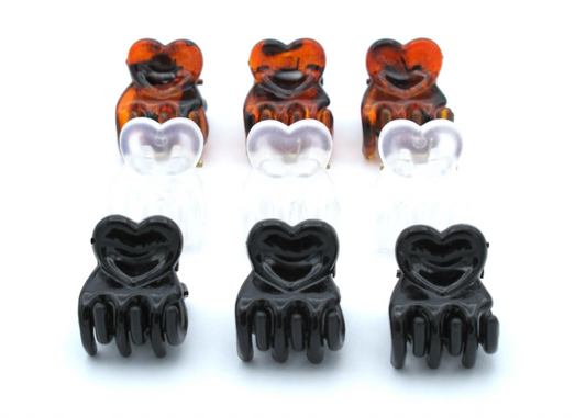 Isla - 9-Pak Heart Motif 15mm Claw Clips In Black/Frosted/Tortoise